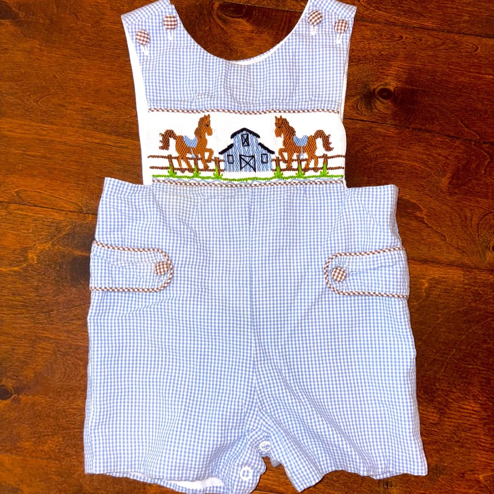 Gingham Smocked Horse Romper